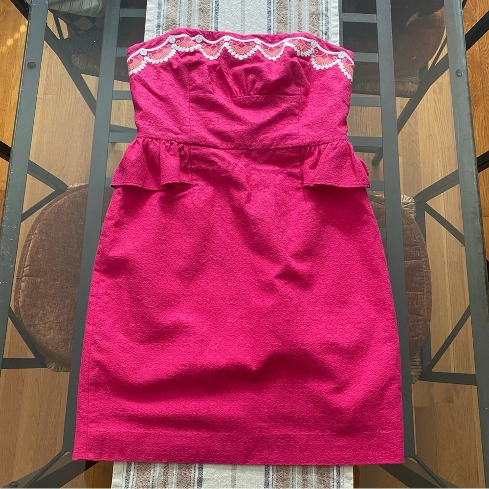 Lilly Pulitzer Azalea Pink Strapless Embroidered Peplum Maybell Dress 4 - Picture 3 of 16